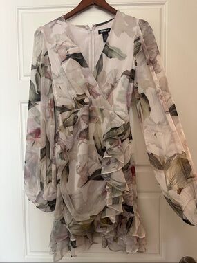Express Long-Sleeve Floral Ruffle Wrap Dress — White with Green & Pink Accents